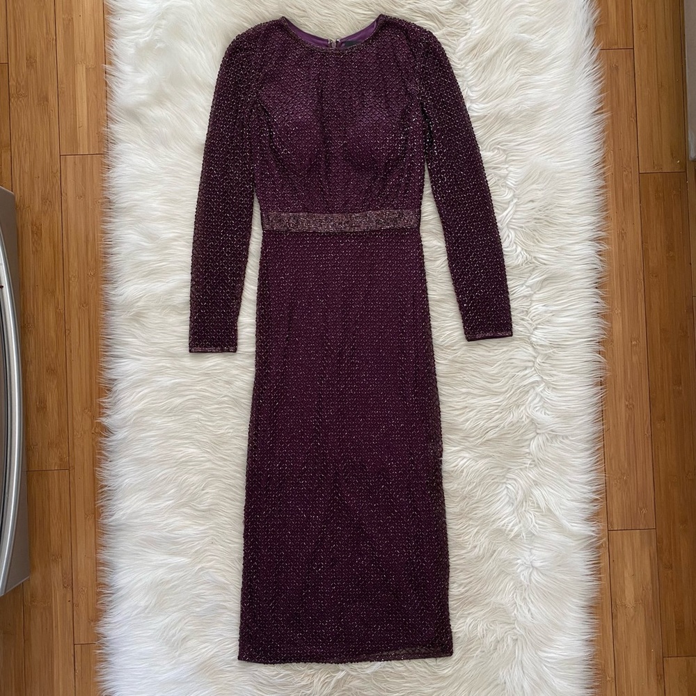 Mac Duggal Purple Plum Lattice Beaded Long Sleeve Modest Formal Midi Dress - Picture 2 of 16